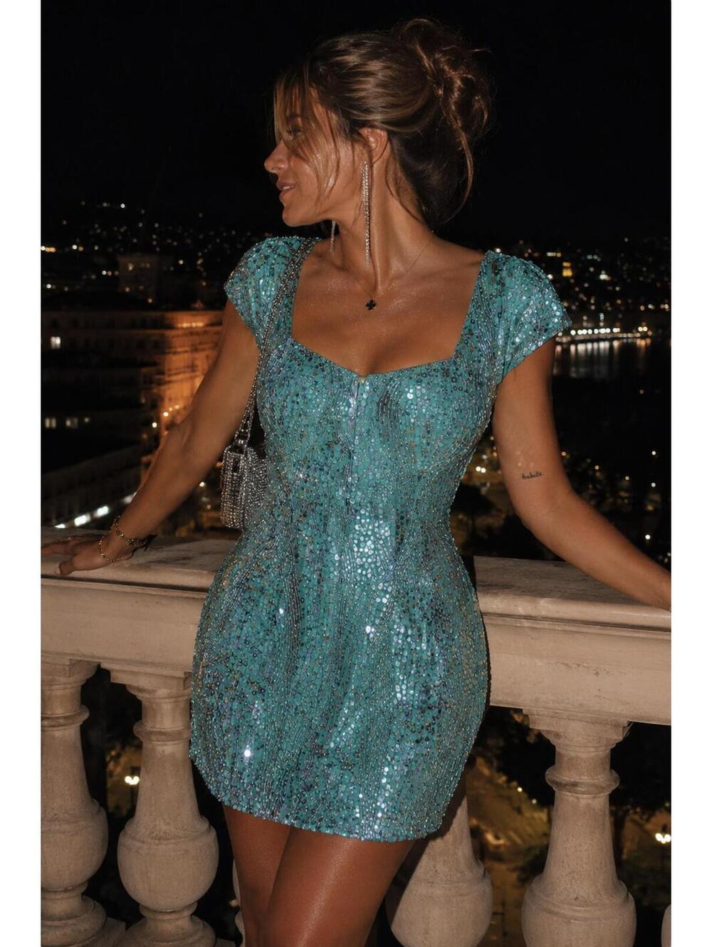 Cache Aqua Sequin Beaded Cocktail Sz 6 Mermaid Dress